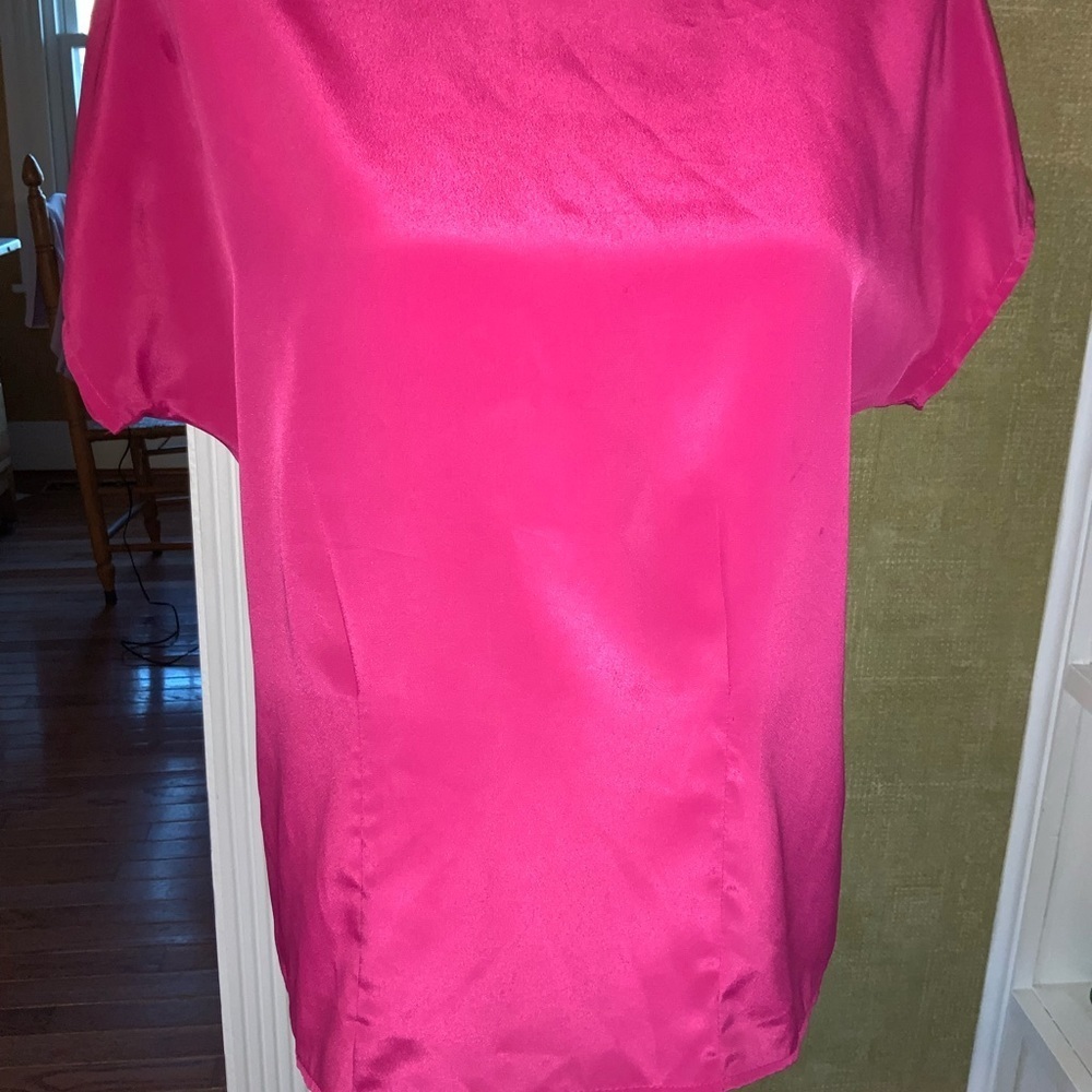Vintage Fuschia Hot Barbie Pink Short Sleeve Satin Like Dressy Blouse Size Small - Picture 3 of 10